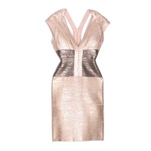 Herve Leger V Neck Bi Metallic Foil Bandage Dress.